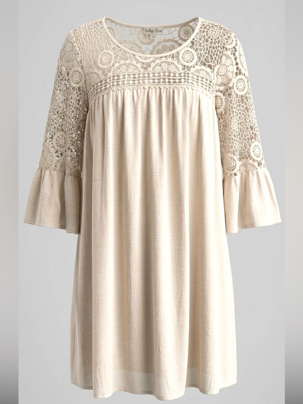 Indigo Rose Cream Lace Boho Dress 1X 3/4 Sleeve Crochet Overlay Flowy Festival